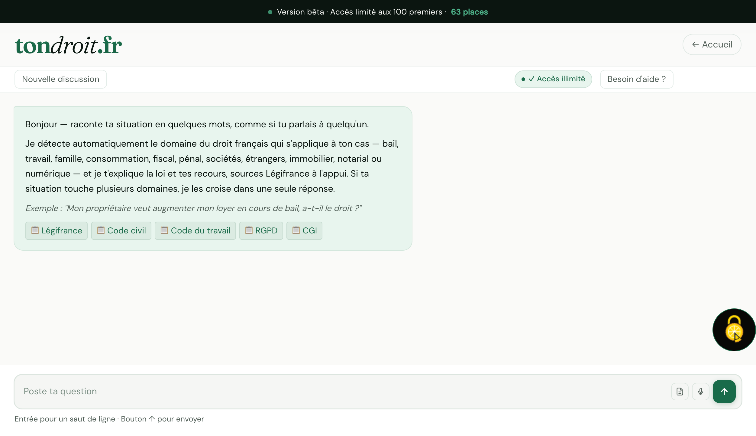 Tondroit.fr — Interface chat public desktop : 11 domaines juridiques, sources Légifrance cliquables et dictée vocale