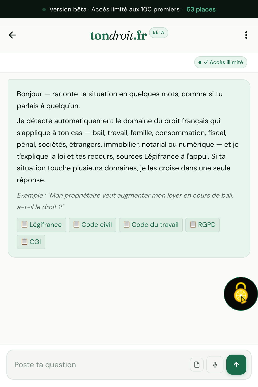 Tondroit.fr — Interface mobile responsive sur iPhone : même expérience juridique, mêmes sources Légifrance