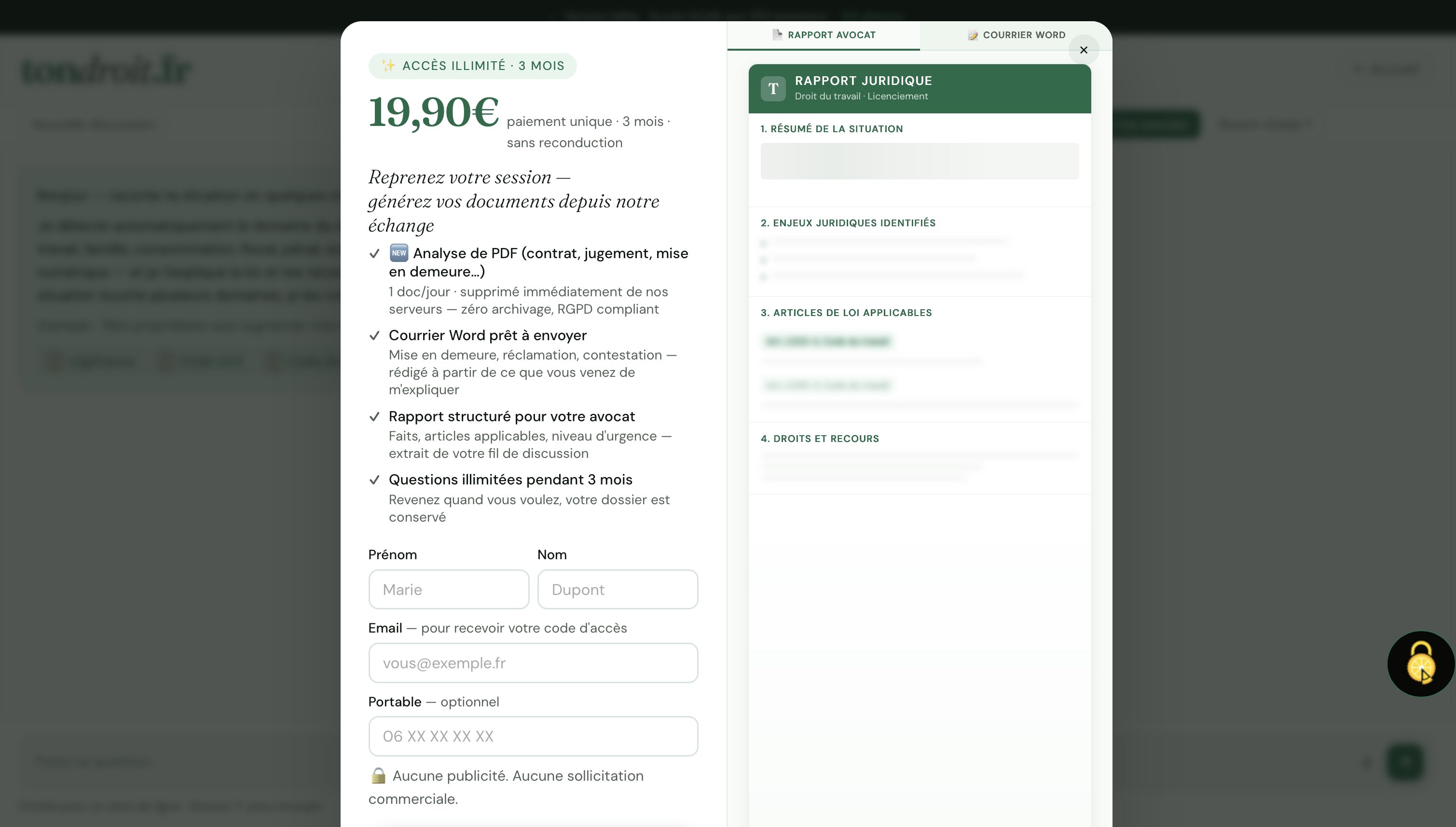 Tondroit.fr — Modale de paiement : Débloquer l'accès illimité, 19,90€ pour 3 mois